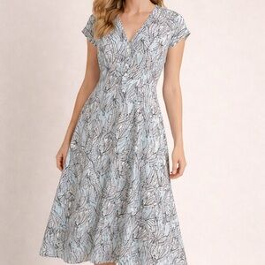 H&M Blue and White Leaf Print Midi Dress